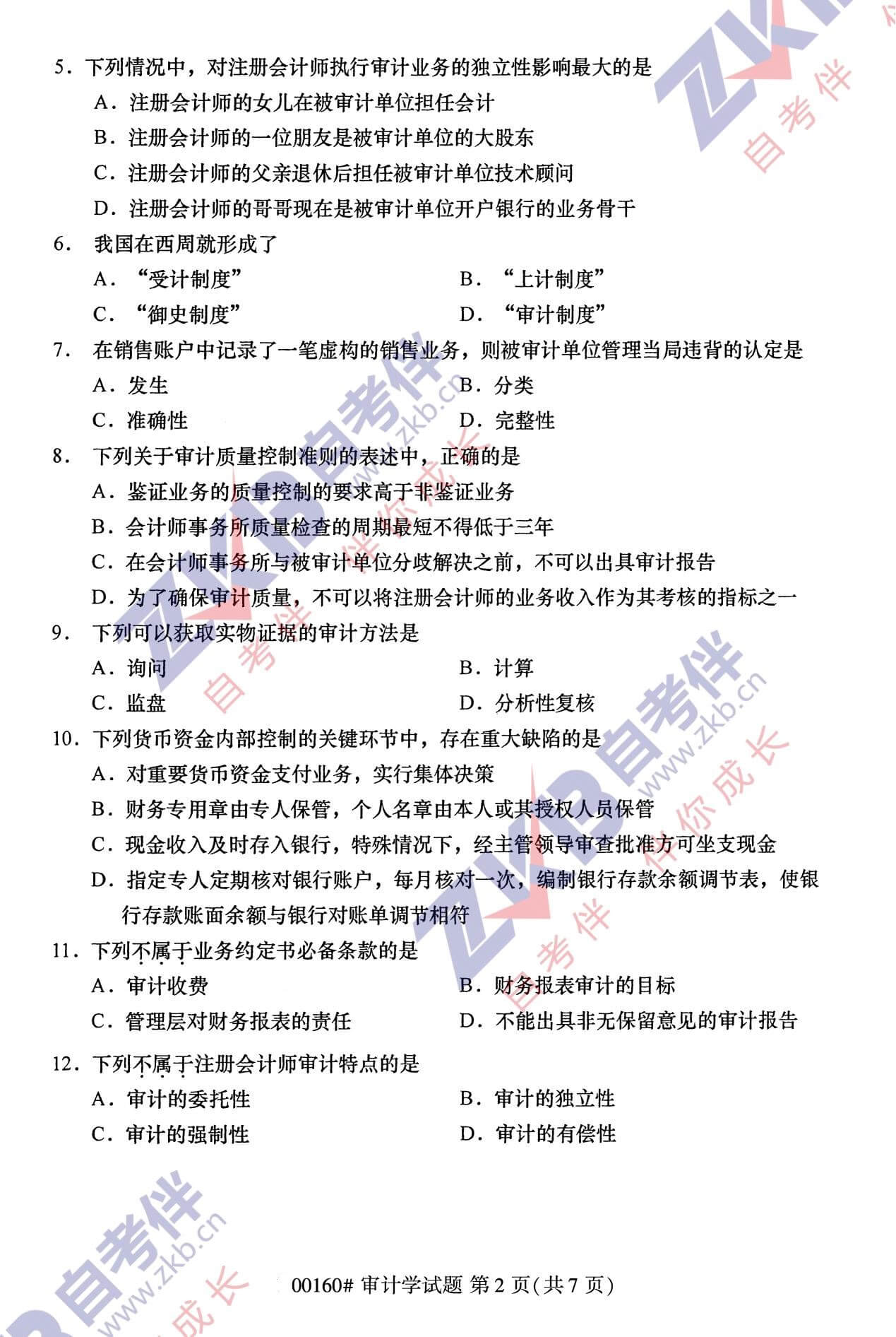 2021年10月福建自考00160審計學試卷